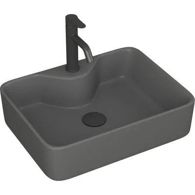 Раковина накладная со смесителем и выпуском прямоугольная Bauedge BAU Cerama 48x37, темно-серая матовая + смеситель Dream Black, выпуск клик-клак черный YBD2550