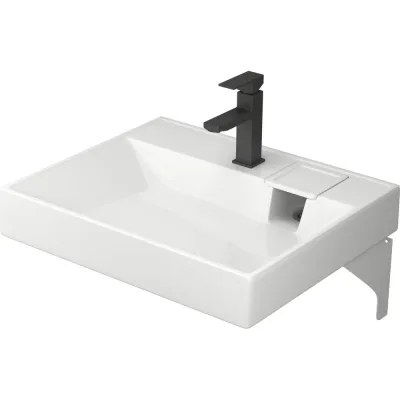 Комплект Bauedge BAU 4 в 1: раковина над стиральной машиной Cerama 60х50, литьевой мрамор, кронштейны, выпуск и смеситель Hotel Black, черный XMY0128