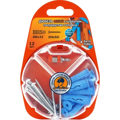 Дюбель ЕВРОПАРТНЕР MULTI plug 8x32 + шуруп MULTI универсальный, полукругл. головка, неполная резьба, ZN RB2 0139