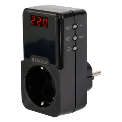 Реле напряжения для розетки регулируемое STEKKER VPR-200B, 230В, 16A, черный 50690