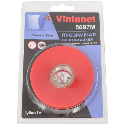 Двусторонняя лента на ПЭТ основе VINTANET 5697М, прозрачная, влагостойкая, 15 мм, 15 м 5697M 15MMX15M