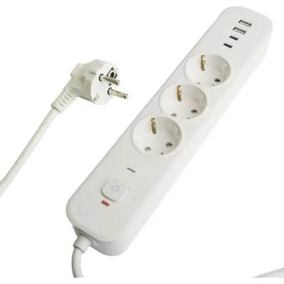 Сетевой фильтр STEKKER 3-местный с/з 3x1мм2, 3 м, 250В, 16А, 2 USB-A+2 Type-C 3, серия Nova, белый, 50100