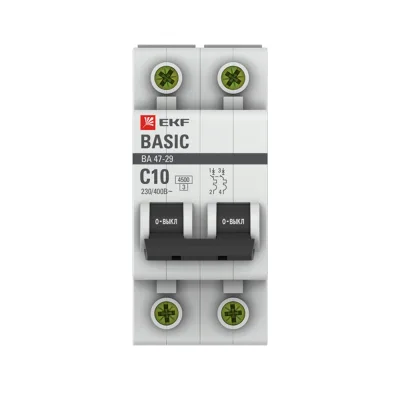 Автоматический выключатель модульный EKF Basic ВА 47-29 2P 10А тип C 4,5 кА 230 В (mcb4729-2-10C)