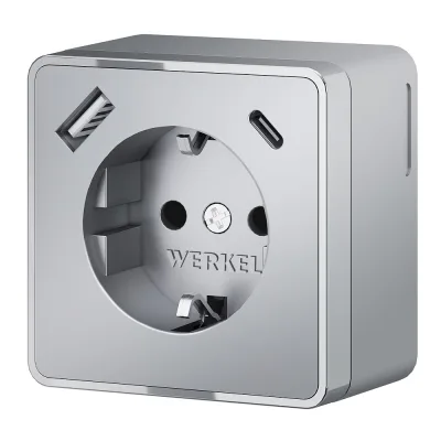 Розетка Werkel Gallant накладная серебряная с заземлением со шторками с USB-A/ Type-C (a057701)