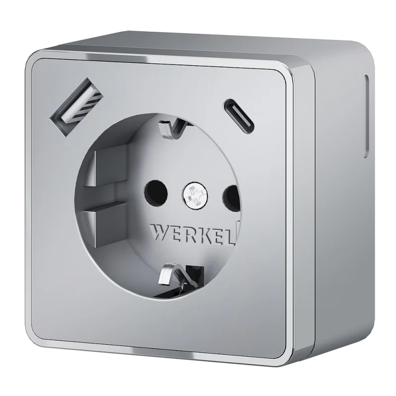 Розетка Werkel Gallant накладная серебряная с заземлением со шторками с USB-A/ Type-C (a057701)