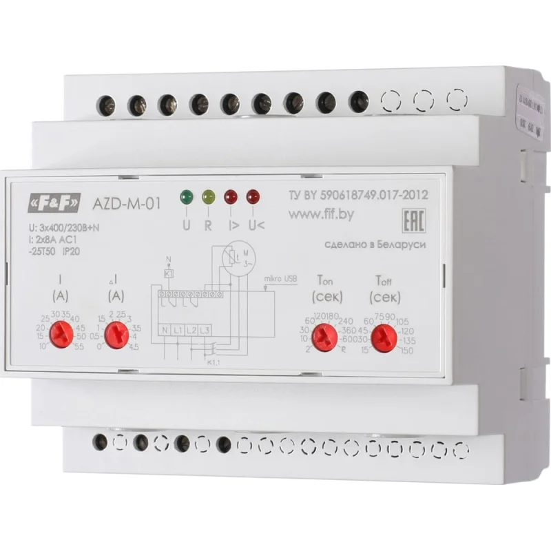 Реле защиты Евроавтоматика F&F AZD-01 3-х фазных двигателей мощностью до 30 кВт , 6 модулей, монтаж на DIN-рейке EA05.004.002