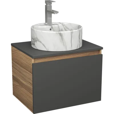 Комплект Bauedge тумба Bau Dream Blackwood графит 60, 1 ящик, раковина круглая накладная BAU Element D41, мрамор, смеситель Hotel Stil, нерж. сталь BD3052