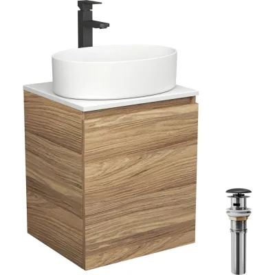 Тумба Bauedge Bau Dream Blackwood 50 с дверцей, раковина BAU Nimb 50x36, смеситель для раковины высокий Hotel Black, черный, выпуск клик клак черный SD3045