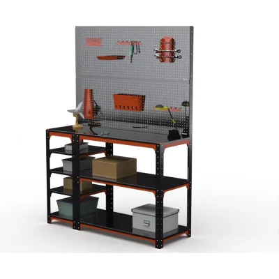 Стол-верстак ООО Металекс KIT 950х1500х400 (с бок. полками, двумя перфопанелями и комп. аксессуаров) (оранжево-чёрный) / 204579
