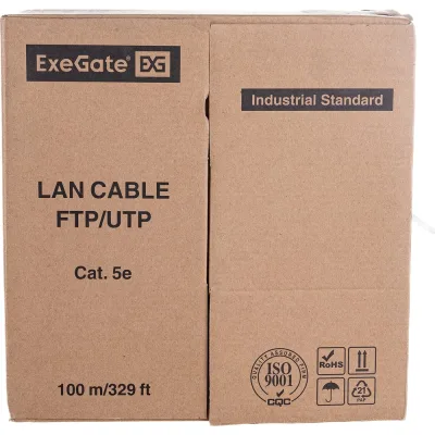 Кабель UTP ExeGate 4 пары, категория 5e, Special CCA, 26AWG, бухта 100м, серый, PVC 281818