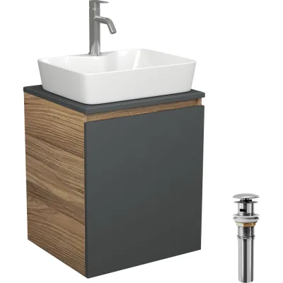 Тумба Bauedge Bau Dream Blackwood 50 графит, раковина BAU Cerama 48х37 белая, смеситель Hotel Dream, нерж. сталь, выпуск клик-клак, хром SD4176