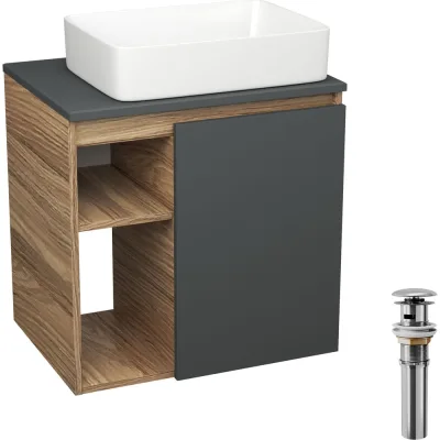 Тумба Bauedge Bau Dream Blackwood 60 правая, графит, раковина BAU Hotel 48х37, выпуск клик клак хром SD4217