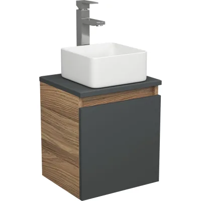 Тумба Bauedge Bau Dream Blackwood 35 с ящиком, графит, раковина BAU Mini 24х24, смеситель для раковины высокий Hotel Still, нержавеющая сталь SD4006