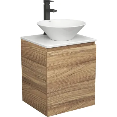 Тумба Bauedge Bau Dream Blackwood 50 с дверцей, раковина BAU Dream D43, смеситель для раковины высокий Hotel Black, черный SD3068