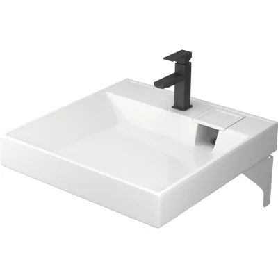 Комплект Bauedge BAU 4 в 1: раковина над стиральной машиной Cerama 60х60, литьевой мрамор, кронштейны, выпуск и смеситель Hotel Black, черный XMY0129