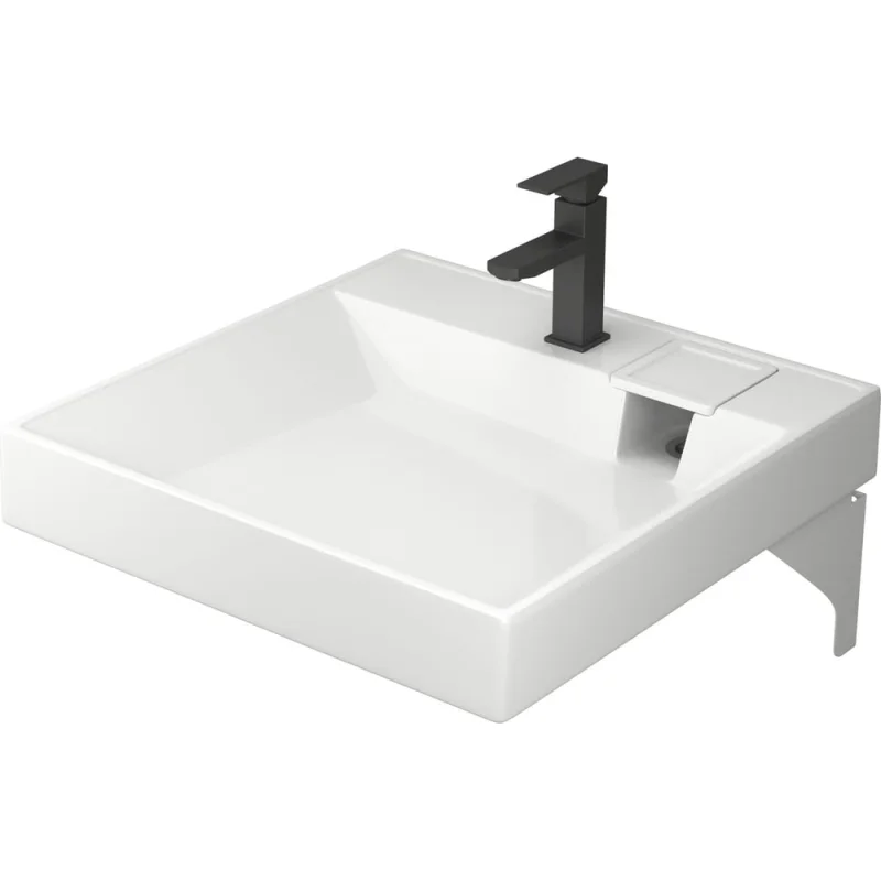 Комплект Bauedge BAU 4 в 1: раковина над стиральной машиной Cerama 60х60, литьевой мрамор, кронштейны, выпуск и смеситель Hotel Black, черный XMY0129