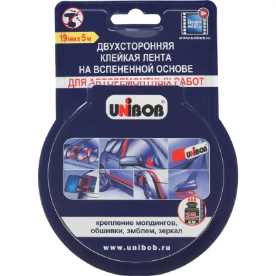 Клейкая двухсторонняя вспененная лента UNIBOB для авторемонтных работ 19 мм х 5 м 215038