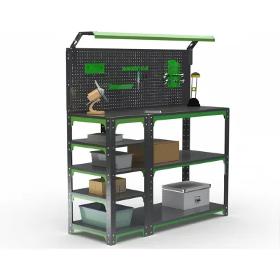 Стол-верстак ООО Металекс KIT 950х1100х500 с боковыми полками, перфопанелью и комплектом освещения, серо-зеленый 204290