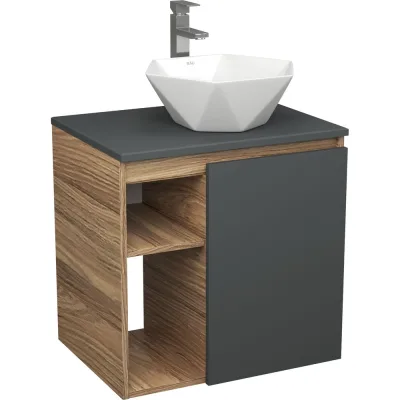 Тумба Bauedge Bau Dream Blackwood 60 правая, графит, раковина BAU Crystal 40х40, смеситель для раковины высокий Hotel Still, нержавеющая сталь SD4284