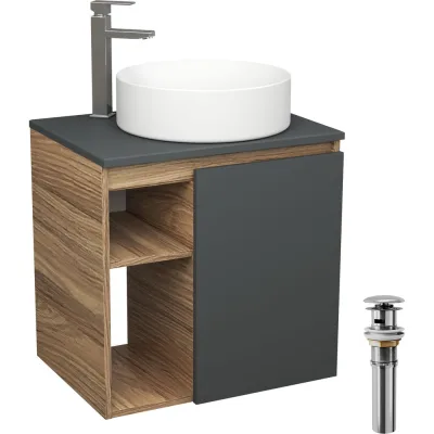Тумба Bauedge Bau Dream Blackwood 60 правая, графит, раковина BAU Dream круглая D41, смеситель для раковины высокий Hotel Still, нержавеющая сталь, выпуск клик клак SD4240