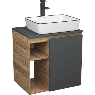 Тумба Bauedge Bau Dream Blackwood 60 правая, графит, раковина BAU Hotel Black Rand 48х37, смеситель для раковины высокий Hotel Black черный SD4247