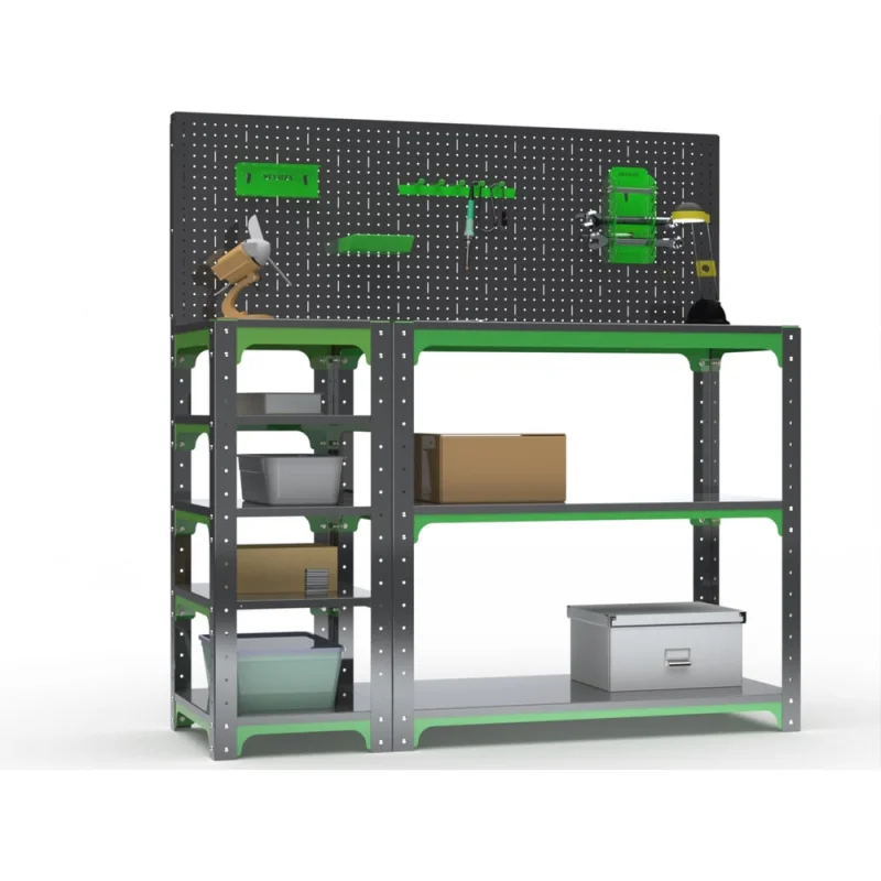 Стол-верстак ООО Металекс Metalex серия KIT 950х1500х500 с боковыми полками, перфопанелью и комплектом аксессуаров, серо-зеленый 204096