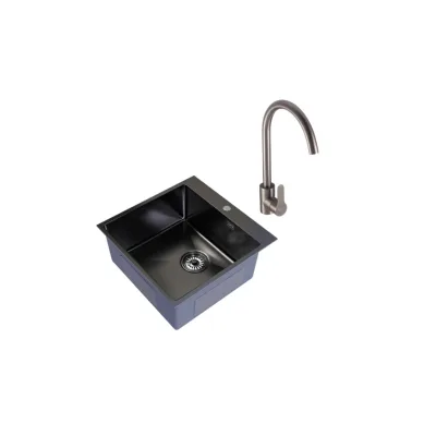 Мойка для кухни Mixline Pro 50х50х20 см врезная с сифоном со смесителем Corsa Deco Creek с высоким изливом сталь графит (556575/FKCSMG)