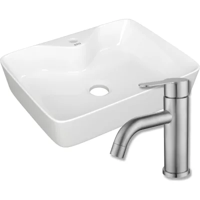 Раковина прямоугольная накладная Bauedge BAU Cerama 48x37, белая + смеситель Dream, нержавеющая сталь BH1235
