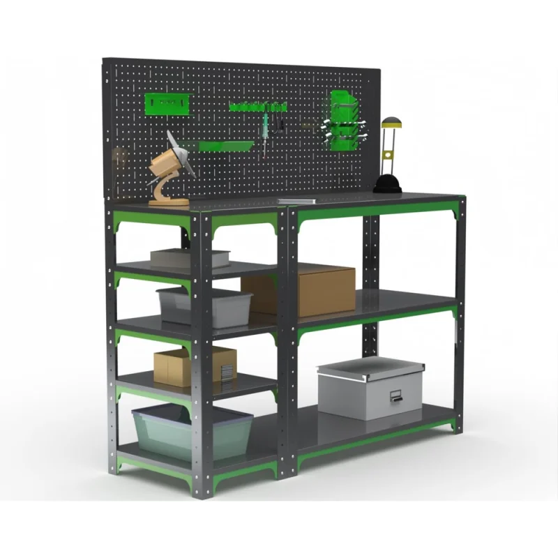 Стол-верстак ООО Металекс Metalex серия KIT 950х1800х400 с боковыми полками, перфопанелью и комплектом аксессуаров, серо-зеленый 204090