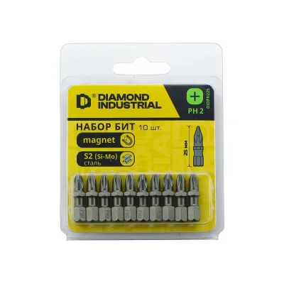 Биты магнитные PH2, 25 мм, 10 штук, S2 закаленные Diamond Industrial DIDPH225