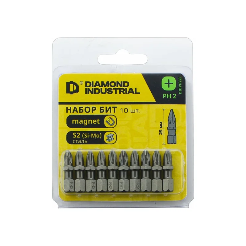 Биты магнитные PH2, 25 мм, 10 штук, S2 закаленные Diamond Industrial DIDPH225