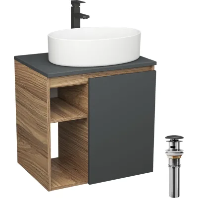 Тумба Bauedge Bau Dream Blackwood 60 правая, графит, раковина BAU Nimb 50х36, смеситель для раковины высокий Hotel Black, черный, выпуск клик клак черный SD4233