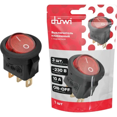 Клавишный круглый выключатель duwi MICRO красный с подсветкой 3 контакта, 230В, 10А, ВКЛ-ВЫКЛ тип 26849 9