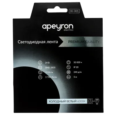Лента светодиодная Apeyron RAY PRO 6000К 38 Вт/м 24 В IP20 SMD 2835 5 м (000305)