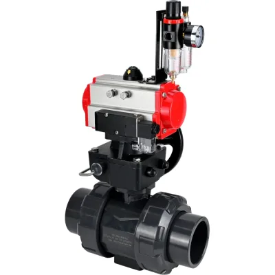 Кран шаровой НПВХ-НПВХ-E-FP-GRM-ISO Ду32 Ру10 DN.ru с пневмоприводом, пневмораспределителем, БПВ, ручным дублером D160-67706