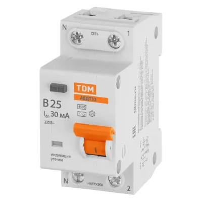 Автоматический выключатель дифференциального тока TDM ELECTRIC 32 2P(1P+N) B25А 30мА 4,5кА тип АС SQ0202-0521
