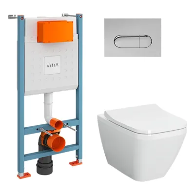 Комплект: Безободковый подвесной унитаз VITRA Integra Square, кнопка хром 9856B003-7207