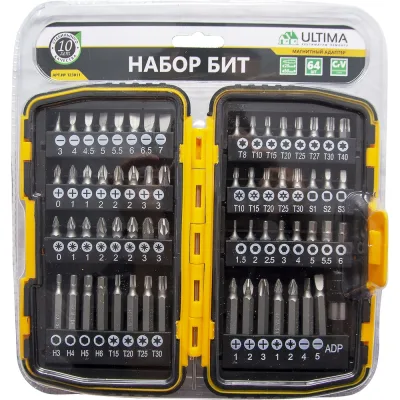 Набор бит, магнитный адаптер ULTIMA CrV, в пластиковом боксе 64шт 123011