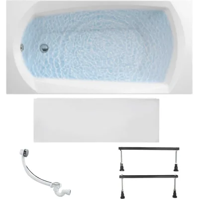 Ванна акриловая 1Marka ELEGANCE 170x70 см, в наборе 4 в 1: прямоугольная ванна, фронтальная панель, металлические ножки, слив-перелив хром 01эл1770кс1+