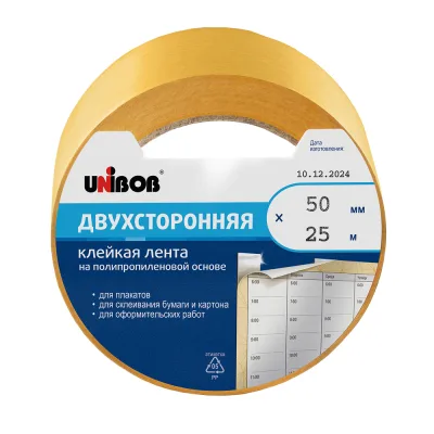 Лента клейкая Unibob двусторонняя на полипропиленовой основе желтая 50 мм 25 м