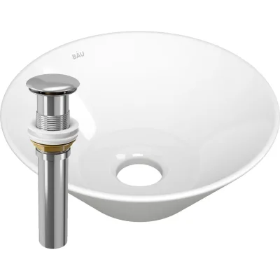 Раковина чаша накладная круглая Bauedge BAU Dream D43, белая + выпуск клик-клак, хром BH1153