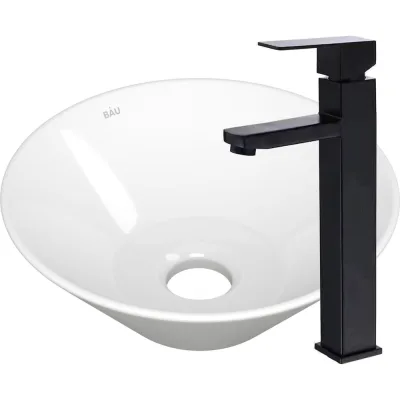 Раковина накладная со смесителем Bauedge BAU Dream (D43, белая + смеситель высокий Hotel Black, черный) BH1150