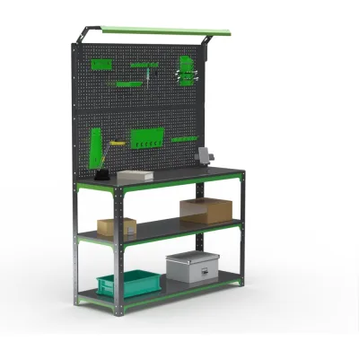 Стол-верстак ООО Металекс KIT 950х1000х500 (2-е полки, двойная перфопанель с комплектом освещения) (серо-зеленый) 204367