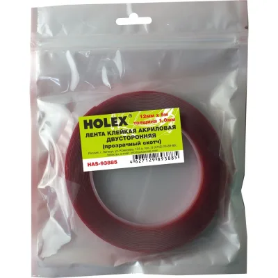 Акриловая двусторонняя клейкая лента Holex 12 мм х 5 м, 1 мм, прозрачная, блистер HAS-93885