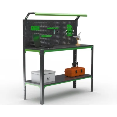 Стол-верстак ООО Металекс KIT 950х1700х500 (одна полка + перфопанель с комплектом освещения) (серо-зеленый) / 204455