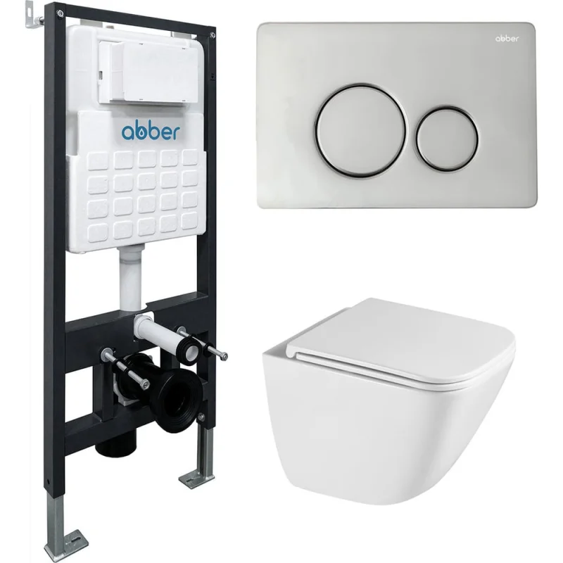 Комплект ABBER подвесной унитаз Rechteck AC1220TC белый, с закрытым дном с инсталляцией AC0105 и кнопкой AC0121 хром глянцевый AC1220TC-AC0105-AC0121