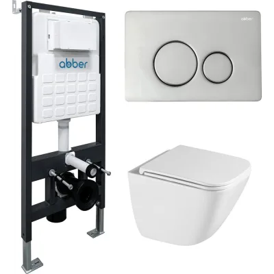 Комплект ABBER подвесной унитаз Rechteck AC1220TC белый, с закрытым дном с инсталляцией AC0105 и кнопкой AC0121 хром глянцевый AC1220TC-AC0105-AC0121