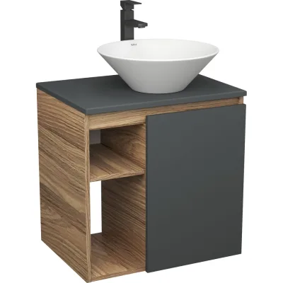 Тумба Bauedge Bau Dream Blackwood 60 правая, графит, раковина BAU Dream D43, смеситель для раковины высокий Hotel Black черный SD4256