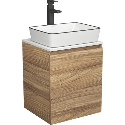 Тумба Bauedge Bau Dream Blackwood 50 с дверцей, раковина BAU Hotel Black Rand 48х37, смеситель для раковины высокий Hotel Black, черный SD3059