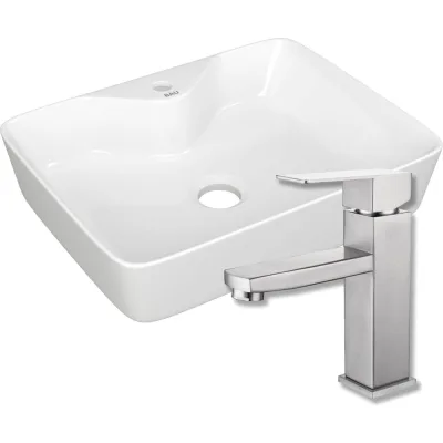 Раковина прямоугольная накладная Bauedge BAU Cerama 48x37, с отверстием под смеситель, белая + смеситель Hotel Still, нержавеющая сталь BH1233